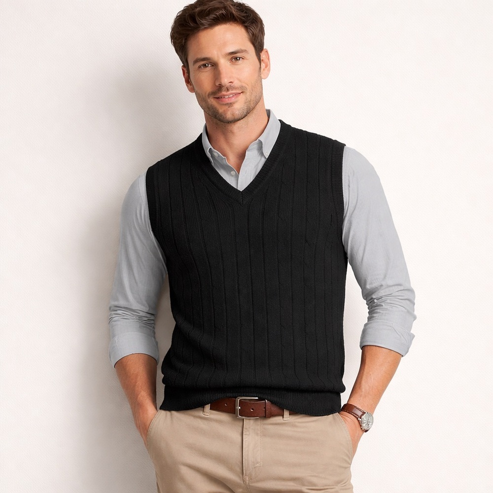 Greg Norman Collection Black Cable Knit V Neck Cotton Sweater Vest Men's L
